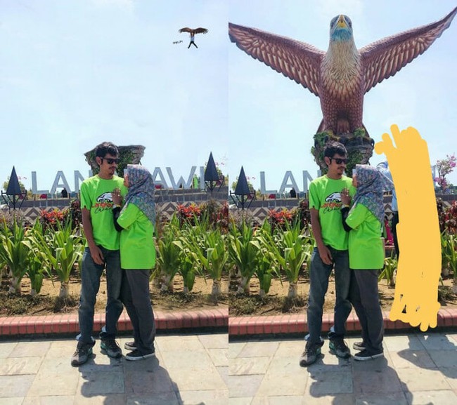Sekilas tidak ada yang tampak aneh di gambar sebelah kanan. Tapi jika diperhatikan, si bapak ternyata hilang karena dibawa oleh burung yang tadinya cuma patung. Kalau yang sebelah kanan sih definisi nggak mau repot, tinggal dicoret saja gambar si bapak. Foto: LobakMerah dan Facebook/Dak Angah Lailatul