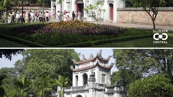 Proyeksi sebuah kuil di Hanoi, Vietnam, pada tahun 2050. “50 kota besar, kebanyakan di Asia, harus melindungi diri dari pemanasan global,” sebut Climate Central. Foto: Climate Central