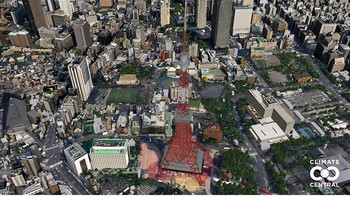 Periset di Climate Change ingin menunjukkan gambaran kota-kota besar dunia di 2050 yang tenggelam karena es mencair dan kenaikan level air laut, jika pemanasan global tidak diantisipasi. Ini adalah kondisi di Tokyo, Jepang, pada tahun 2050 itu. Foto: Climate Central