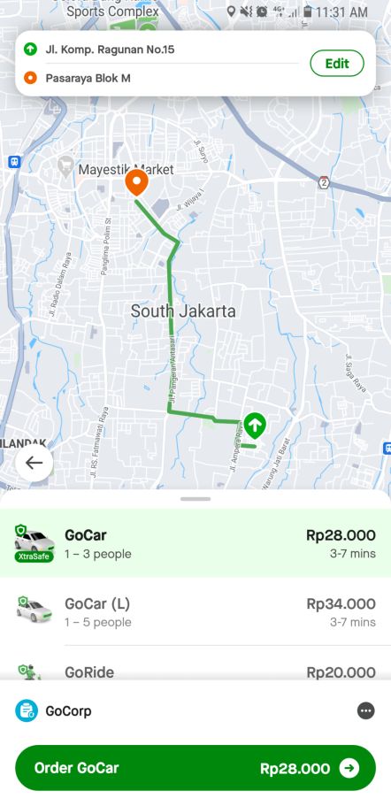 Ilustrasi Penggunaan GoCorp langsung dari menu GoRide, GoCar, GoCar L, GoCar/GoRide Protect+
