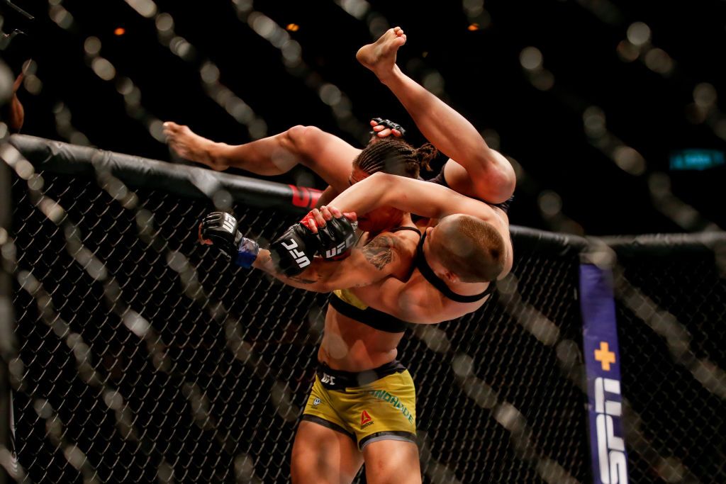 RIO DE JANEIRO, BRAZIL - MAY 11: Jessica Andrade of Brazil attempts to slam Rose Namajunas of USA in their women's strawweight championship bout during the UFC 237 event at Jeunesse Arena on May 11, 2019 in Rio de Janeiro, Brazil. (Photo by Alexandre Schneider/Getty Images)