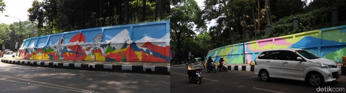 Dinding di Jalan Siliwangi, Kota Bandung, Jawa Barat berganti rupa, Jumat (15/10/2021). Berikut foto before after gambar di dinding Jalan Siliwangi dokumentasi detikcom yang dipotret tahun 2016 lalu dan hari ini.