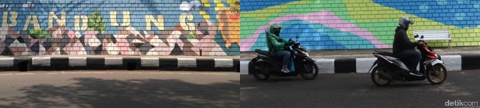 Dinding di Jalan Siliwangi, Kota Bandung, Jawa Barat berganti rupa, Jumat (15/10/2021). Berikut foto before after gambar di dinding Jalan Siliwangi dokumentasi detikcom yang dipotret tahun 2016 lalu dan hari ini.