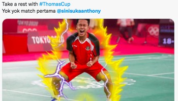 Smes Lee Zii Jia terlalu lebar untuk memastikan Anthony menang 21-17. Bagi netizen saatnya pakai meme Ginting jadi Super Saiya. Foto: (Twitter)