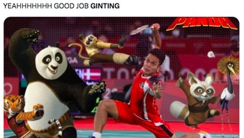 Anthony Ginting menyumbang angka pertama bagi Indonesia di laga perempatfinal Piala Thomas 2020 melawan Malaysia. Ada meme Ginting sekuat Kungfu Panda. Foto: (Twitter)