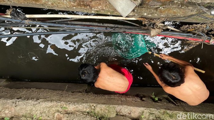 Nekat, Anak-anak Cari Ikan di Selokan Jalur Kabel Optik Minimnya sarana bermain, sejumlah anak nekat mencari ikan di dalam selokan yang berisi kabel optik di Jalan Gatot Subroto, Jakarta, Jumat (15/10/2021).