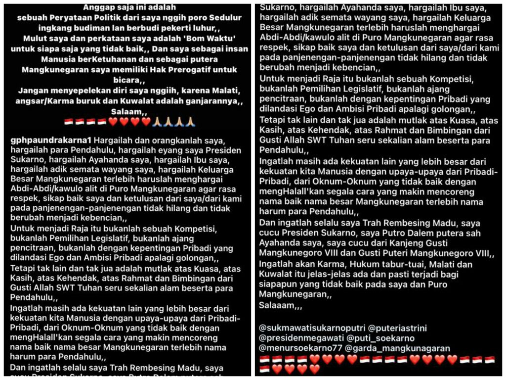 Putra mendiang Mangkunegara IX, Paundrakarna Jiwa Suryanegara, tiba-tiba muncul dan memberi pernyataan politik.