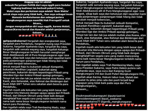 Putra mendiang Mangkunegara IX, Paundrakarna Jiwa Suryanegara, tiba-tiba muncul dan memberi pernyataan politik.
