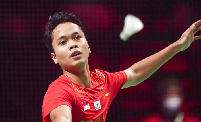 Indonesias Anthony Sinisuka Ginting celebrates winning a mens single match in the Thomas Cup mens team final match between China and Indonesia, in Aarhus, Denmark, Sunday Oct. 17, 2021. (Claus Fisker/Ritzau Scanpix via AP)