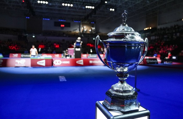 The trophy is pictured during the Thomas Cup mens team final between China and Indonesia in Aarhus, Denmark, on October 17, 2021. (Photo by Claus Fisker / Ritzau Scanpix / AFP) / Denmark OUT