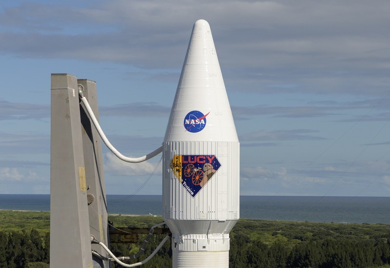 This photo released by NASA, shows a United Launch Alliance Atlas V rocket with the Lucy spacecraft aboard in this 2 minute and 30 second exposure photo as it launches from  Space Launch Complex 41, Saturday, Oct. 16, 2021, at Cape Canaveral Space Force Station in Florida. Lucy will be the first spacecraft to study Jupiter's Trojan Asteroids. Like the mission's namesake – the fossilized human ancestor, 