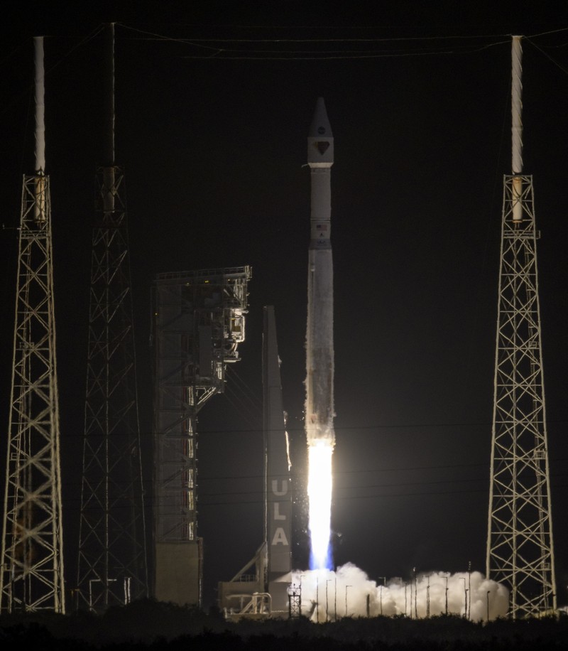 This photo released by NASA, shows a United Launch Alliance Atlas V rocket with the Lucy spacecraft aboard in this 2 minute and 30 second exposure photo as it launches from  Space Launch Complex 41, Saturday, Oct. 16, 2021, at Cape Canaveral Space Force Station in Florida. Lucy will be the first spacecraft to study Jupiter's Trojan Asteroids. Like the mission's namesake – the fossilized human ancestor, 
