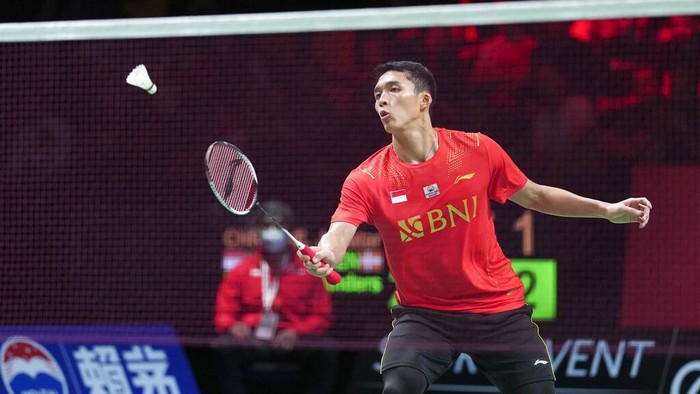Jonatan Christie of Indonesia reacts after winning against Denmarks Anders Antonsen during the Thomas Cup mens team semifinal badminton match in Aarhus, Denmark, Saturday, Oct. 16, 2021. (Claus Fisker/Ritzau Scanpix via AP)