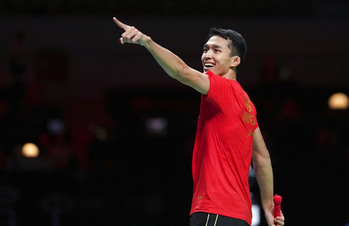 Jonatan Christie of Indonesia reacts after winning against Denmarks Anders Antonsen during the Thomas Cup mens team semifinal badminton match in Aarhus, Denmark, Saturday, Oct. 16, 2021. (Claus Fisker/Ritzau Scanpix via AP)