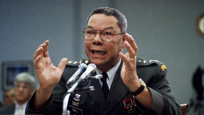 FILE - In this Sept. 25, 1991, file photo, Gen. Colin Powell, chairman of the Joint Chiefs of Staff, speaks on Capitol Hill in Washington, at a House Armed Services subcommittee. Powell, former Joint Chiefs chairman and secretary of state, has died from COVID-19 complications. In an announcement on social media Monday, the family said Powell had been fully vaccinated. He was 84.  (AP Photo/Marcy Nighswander, File)