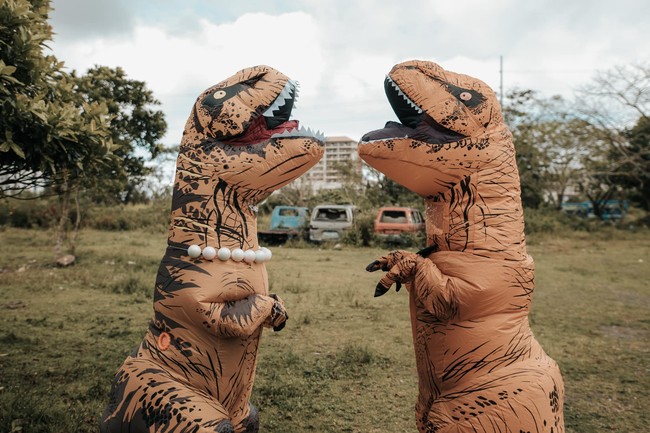 Tak seperti pemotretan prewedding pada umumnya, foto-foto prewedding yang satu ini memiliki konsep yang unik. Alih-alih tampil cantik dan gagah di dalam foto, calon pasangan ini justru memilih menutupi tubuh dan wajahnya dengan mengenakan kostum T-Rex. Foto: Facebook/Bride and Breakfast