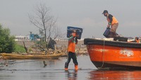 Setiap harinya petugas mengangkut sampah yang menumpuk di pinggir pantai menggunakan kapal pengangkut sampah.  