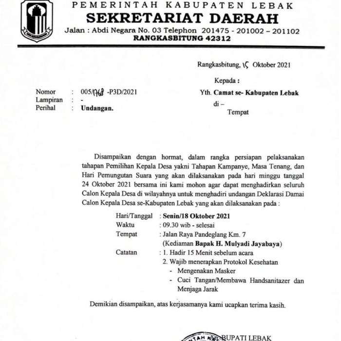 Surat undangan untuk cakades di Lebak.
