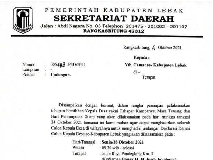 Surat undangan untuk cakades di Lebak.