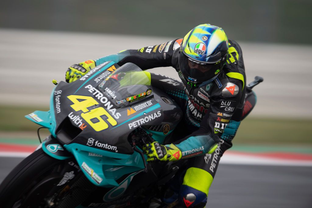 MISANO ADRIATICO, ITALY - SEPTEMBER 17: Valentino Rossi of Italy and Petronas Yamaha SRT rounds the bend during the MotoGP Of San Marino - Free Practice at Misano World Circuit on September 17, 2021 in Misano Adriatico, Italy. (Photo by Mirco Lazzari gp/Getty Images)