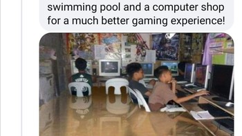 Di Filipina walaupun banjir tetap lanjut main game mungkin jadi tambah seru. Kami punya kolam renang terintegrasi komputer agar pengalaman ngegame lebih baik. Foto: Screenshot Facebook