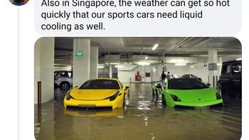 Masih di Singapura cuaca bisa menjadi sangat panas sehingga mobil sport juga membutuhkan pendingin cairan dalam bentuk air banjir. Foto: Screenshot Facebook