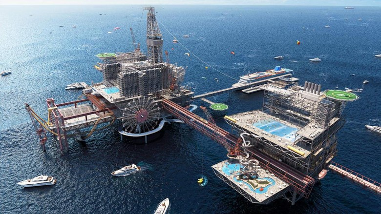 The RIg Arab Saudi Arab Saudi berencana untuk menyulap anjungan minyak menjadi taman ekstrem seluas 150.000 meter persegi dan resor yang terletak di Teluk Arab.