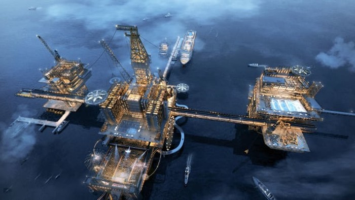 The RIg Arab Saudi Arab Saudi berencana untuk menyulap anjungan minyak menjadi 'taman ekstrem' seluas 150.000 meter persegi dan resor yang terletak di Teluk Arab.