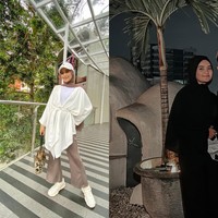 Mengunggah foto OOTD, Nadya memakai busana bernuansa earth tone dan hijab pasmina mocca dipadu dengan topi putih. Sedangkan Syifa tampil monokrom dengan menggunakan dress hitam di foto OOTD. Foto: Dok. Instagram @nadyamustika & @syifaaef.