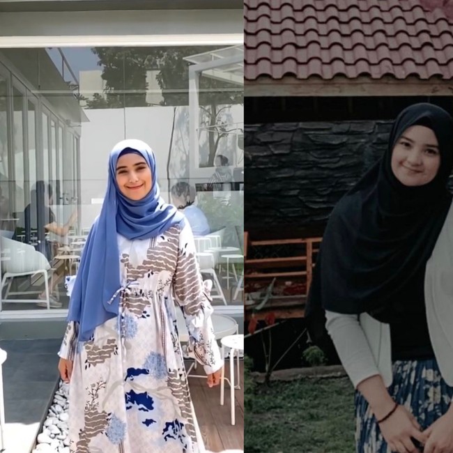 Hijab pashmina yang sedang tren. Nadya memadukannya dengan dress motif. Sementara Syifa memakai hijab pashmina dipadu dengan cardigan dan rok.  Foto: Dok. Instagram @nadyamustika & @syifaaef.
