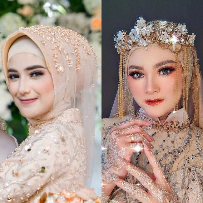 Sedangkan saat resepsi pernikahan, keduanya juga sama-sama memakai gaun. Nadya melengkapi gayanya dengan memakai hijab paris warna nude dan inner hijab bahan kaus. Kemudian ada veil wedding yang bertabur payet. Sedangkan Syifa tampil dengan busana bernuansa gold, headpiece bunga dan memakai jaring-jaring hijab gold. Foto: Dok. Instagram @nadyamustika & @syifaaef.