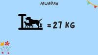 Jumlah berat semua hewan yang diketahui adalah 54 kg, terdiri atas 2 tikus, 2 kucing, dan 2 anjing. Artinya tinggal dibagi dua untuk tahu total berat seekor tikus, kucing, dan anjing.