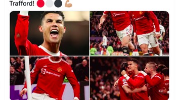 Cristiano Ronaldo mencetak gol penentu kemenangan MU. Theatre of Dreams bergejolak, kita sangat bersemangat. Kita Manchester United dan tak pernah menyerah. tulisnya. Foto: Twitter