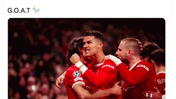 Ronaldo memecahkan rekornya sendiri sebagai satu-satunya pemain MU yang mencetak gol di 3 laga Liga Champions berturut-turut. Foto: Twitter