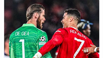 David De Gea selain Ronaldo, juga bermain apik tadi malam untuk menjaga MU agar tak kebobolan lebih banyak. Foto: Twitter