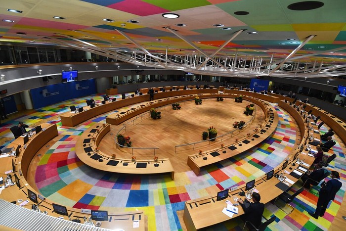 Belgium EU Summit European Union leaders gather for a round table meeting at an EU summit in Brussels, Thursday, Oct. 21, 2021. European Union leaders head into a standoff between Poland and most of the other EU member nations over the rule of law in the eastern member state. Other issues for the 27 EU leaders include climate change, the energy crisis, COVID-19 developments and migration. (John Thys, Pool Photo via AP)