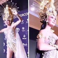 Bella Aprilia Sant mengenakan kostum nasional Dewi Sri ini dalam penjurian Miss Intercontinental 2021 yang digelar Kamis (21/10/2021) di Sharm el-Sheikh, Mesir.Foto: Dok. Instagram @bellaapriliasant