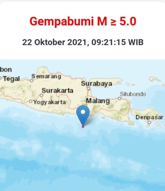 Gempa berkekuatan magnitudo (M) 5,3 terjadi di Kabupaten Malang