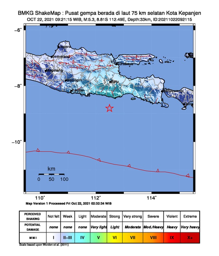 Gempa bumi berkekuatan M 5,3 di laut selatan Malang pukul 09.21 WIB