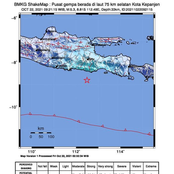Gempa bumi berkekuatan M 5,3 di laut selatan Malang pukul 09.21 WIB