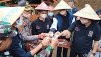Dalam kunjungannya, Sandiaga Uno juga berkesempatan mencicipi langsung susu kambing etawa yang baru saja diperah. Dia juga menyantap durian asli Kaligesing. (Rinto Heksantoro/detikTravel)
