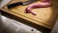 Mungkin ini terlihat seperti sosis, tapi ini adalah penis banteng. Konon, penis banteng ini disebut-sebut sebagai makanan afrodisiak. Foto: The Disgusting Food Museum