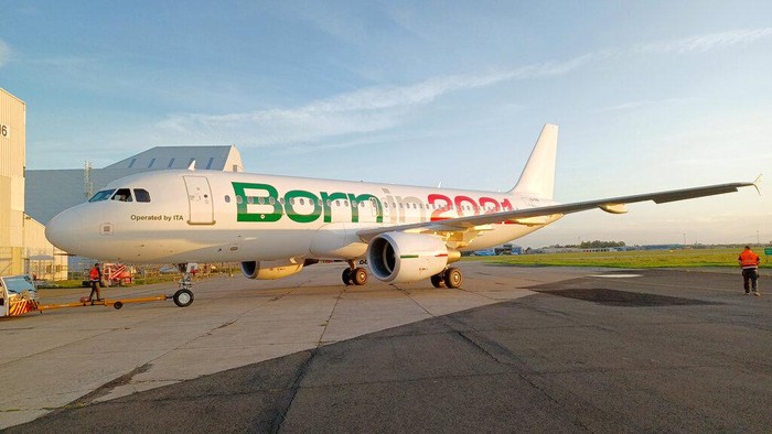 This picture made available by ITA (Italy Air Transportation) on Monday, Oct. 11, 2021, shows one of the company's first Airbus A320 that will start flying as of Oct. 15, 2021. Alitalia, long financially ailing, won’t exist anymore since Oct. 14, and its new incarnation, a new company called ITA, will start out with a fleet of 52 aircraft, which will go up to 78 in 2022 with the arrival of new-generation airplanes. The new company being formed says it will only keep some 2,800 of 10,000 of Alitalia’s employees. (ITA via LaPresse/AP)