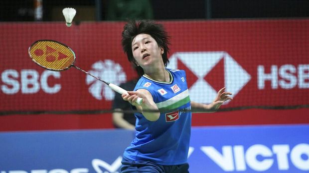 Japan's Akane Yamaguchi returns a shot to South Korea's An Seyoung, during the women's single final match of the Badminton Victor Denmark Open 2021 in Odense,  Denmark, Sunday, Oct. 24, 2021. (Claus Fisker/Ritzau Scanpix via AP)