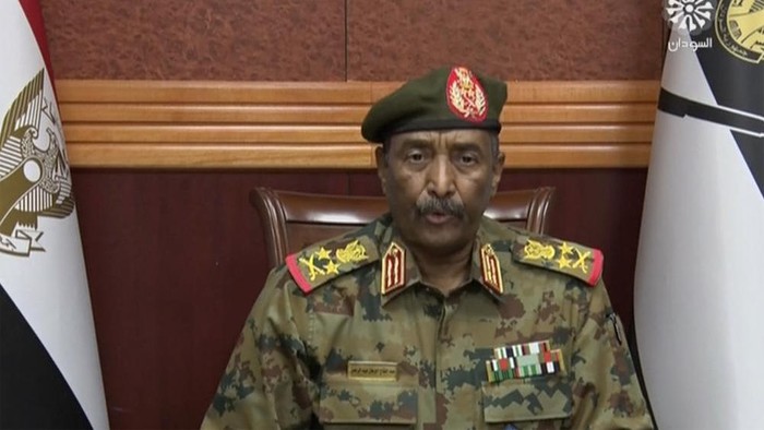 In this frame taken from video, the head of the military, Gen. Abdel-Fattah Burhan, announced in a televised address, that he was dissolving the countrys ruling Sovereign Council, as well as the government led by Prime Minister Abdalla Hamdok, in Khartoum, Sudan, Monday, Oct. 25, 2021. Burhan said the military will run the country until elections in 2023. His announcement came hours after his forces arrested the acting prime minister and other senior government officials. (Sudan TV via AP)