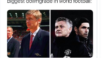 Dari Alex Ferguson dan Arsene Wenger yang dulu hebat menukangi MU dan Arsenal, kini seperti turun kasta menjadi Ole dan Arteta. Foto: Twitter