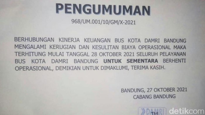Damri Bandung berhenti beroperasi mulai besok.