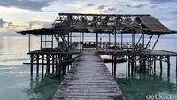 Sunrise ala Jokowi di Pantai Waiwo memang spesial. Dari atas dermaga, Anda bisa melihat aneka ikan berarak ke sana kemari diselingi hiu kecil dengan ujung hitam yang langsung berenang cepat jika ada gerakan manusia (Foto: Ahmad Masaul Khoiri/detikcom)