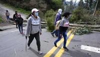 Pengunjukrasa memblokade jalan tol Pan Amerika dengan menebang pohon, di Cusubamba, 130km selatan ibu kota Ekuador, (26/10).