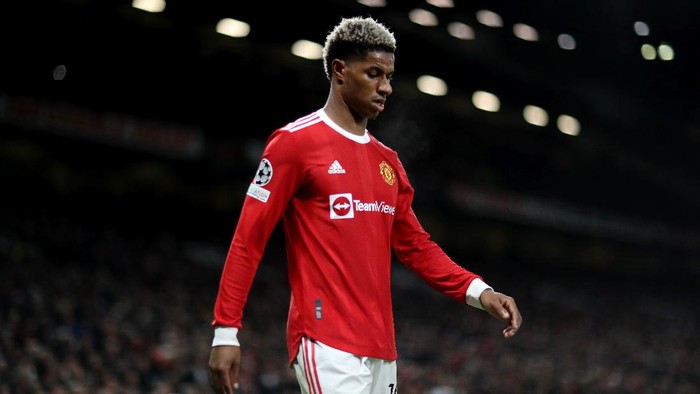 MANCHESTER, ENGLAND - OCTOBER 20: Marcus Rashford of Manchester United looks on during the UEFA Champions League group F match between Manchester United and Atalanta at Old Trafford on October 20, 2021 in Manchester, England. (Photo by Naomi Baker/Getty Images)